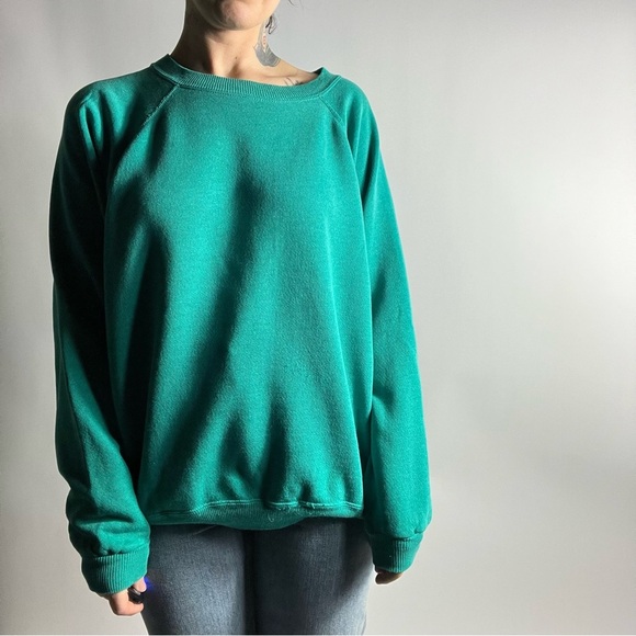 VINTAGE 90s Hanes Made in USA Teal Crewneck Sweatshirt Adult Large - Picture 2 of 7